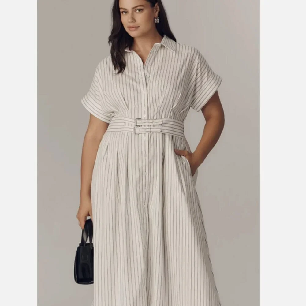 Anthropologie The Tobie Double Buckle Shirt Dress by Exquise Pinstripe M NWT - Picture 6 of 8